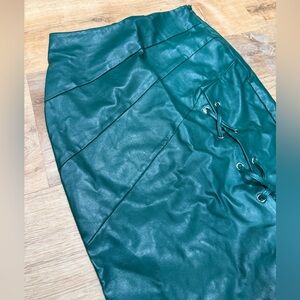 NWOT ASOS Faux Leather Midi Skirt with Lattice Tie Detail in Bottle Green